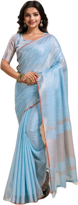 NEGRONI Striped Daily Wear Linen Saree(Blue)