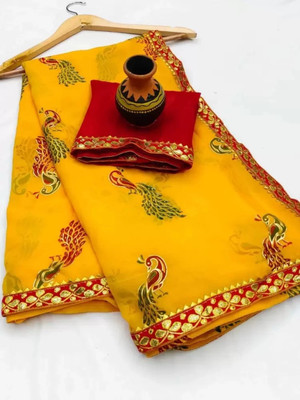 MAHADEV NX Printed Bandhani Georgette Saree(Red, Mustard)