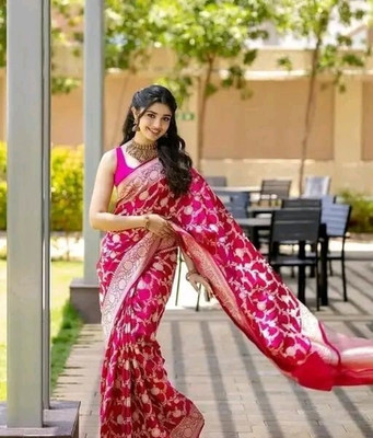 JEANITA FASHION Woven, Floral Print, Self Design, Temple Border, Striped, Graphic Print Banarasi Jacquard Saree(Pink)