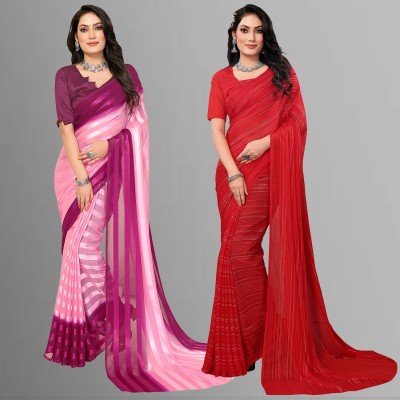 Anand Sarees Striped Bollywood Satin Saree(Pack of 2, Purple, Pink, Red)