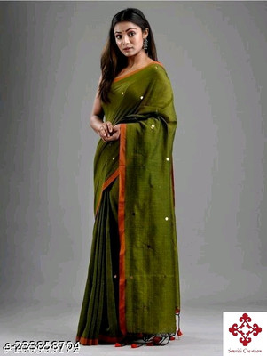 SMRITI HANDLOOM Solid/Plain Handloom Cotton Blend Saree(Green)
