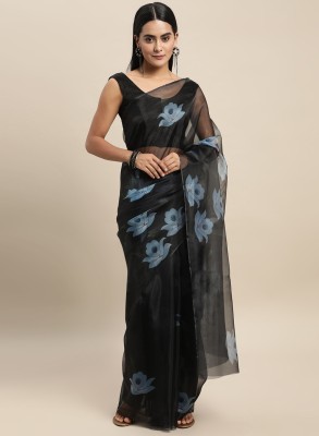 Divastri Floral Print Bollywood Organza Saree(Dark Blue)