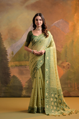 PeachPetals Woven, Embroidered Banarasi Cotton Blend Saree(Light Green)