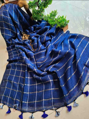 sahatextiledam Checkered Handloom Linen Saree(Blue)