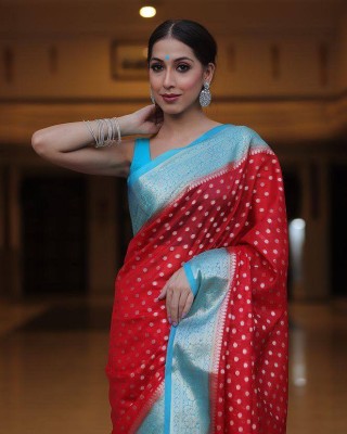 Murta Trends Embellished, Woven, Self Design Kanjivaram Jacquard, Silk Blend Saree(Red, Light Blue)