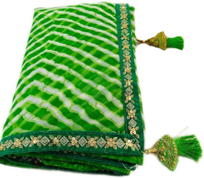 georgette Striped Leheria Georgette Saree(Green)