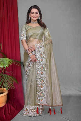 lunexa Solid/Plain, Embroidered Bollywood Net Saree(Green)