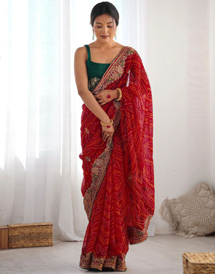 Samah Printed, Embroidered, Embellished Bandhani Georgette Saree(Red)