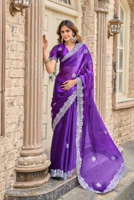 LeeliPeeri Designer Embroidered Bollywood Chiffon Saree(Purple)