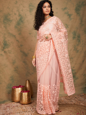 manvaa Embroidered Bollywood Net Saree(Pink)