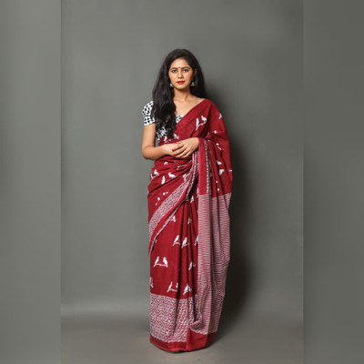 RAMNATHS Printed, Color Block, Blocked Printed Ikkat Pure Cotton Saree(Maroon)