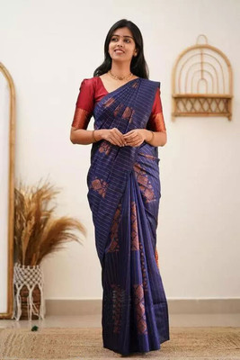 AD Saree Mall Striped Banarasi Silk Blend Saree(Dark Blue)