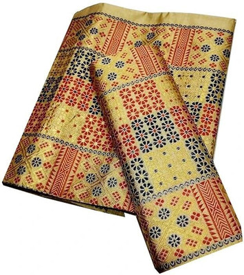 OkBuy Floral Print Mekhela Chador Cotton Silk Saree(Gold)