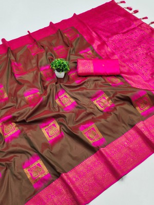 KALKEE FASHION Printed Banarasi Jacquard, Pure Silk Saree(Brown, Gold)