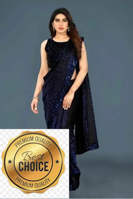 Online Bazaaar Solid/Plain Bollywood Lycra Blend Saree(Dark Blue)