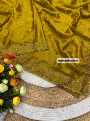 STITCH N SOLUS Embellished Bollywood Georgette Saree(Mustard)