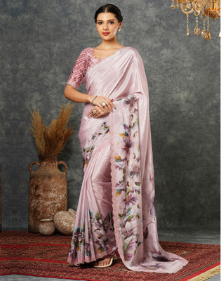 Satrani Embellished, Floral Print, Printed Bollywood Crepe Saree(Pink, Multicolor)