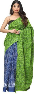 Tropwear Printed, Self Design, Digital Print, Hand Painted, Blocked Printed Sambalpuri Pure Cotton Saree(Green, Blue)