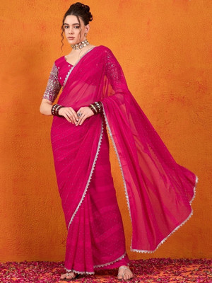 Vichitra Embellished, Embroidered Bollywood Chiffon, Silk Blend Saree(Pink)