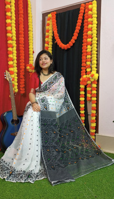 Revival Woven Jamdani Cotton Blend Saree(White, Black)