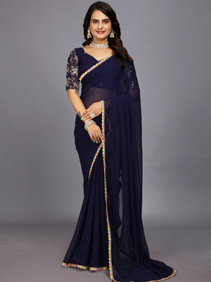 CLICKTHEMALL Solid/Plain Bollywood Georgette Saree(Dark Blue)