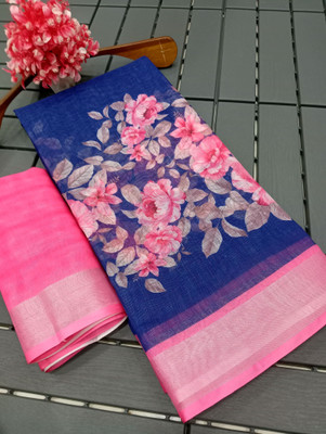 PRTRENDZ Printed Kanjivaram Pure Cotton, Cotton Linen Saree(Dark Blue, Pink)
