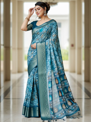ZAMUNA Digital Print, Floral Print, Woven Banarasi Tussar Silk, Linen Saree(Light Blue)