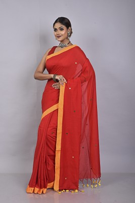 Tant Story Solid/Plain Handloom Cotton Blend Saree(Red)