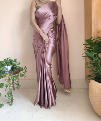 PD CLOTH VILLA Solid/Plain Bollywood Satin, Silk Blend Saree(Beige)