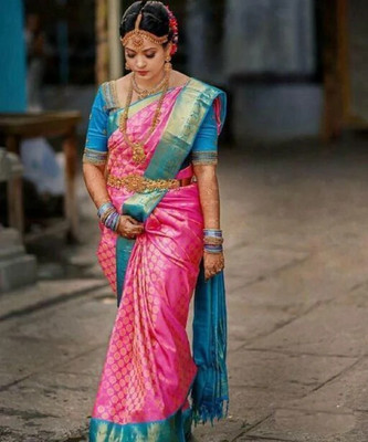 SHRIMAY Woven Kanjivaram Silk Blend Saree(Pink)