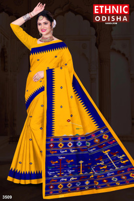 ETHNIC ODISHA HANDLOOM Printed Sambalpuri Pure Cotton Saree(Yellow)
