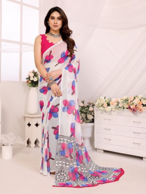 HouseOfCommon Printed Bollywood Georgette Saree(Pink, Blue, White)