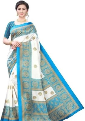 SVB Sarees Printed Bhagalpuri Art Silk Saree(White, Light Blue)