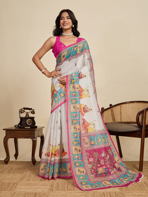 VISVASTA Woven Bollywood Linen Saree(Pink)