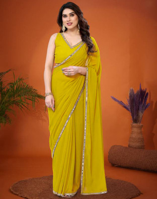 Tasrika Solid/Plain, Embellished Bollywood Chiffon, Georgette Saree(Yellow)