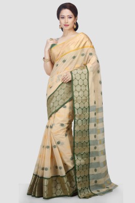 Mystory Printed Tant Handloom Pure Cotton Saree(Green, Gold, Beige)