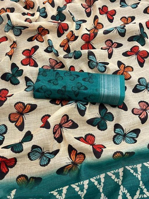 KHANUDI Printed Banarasi Cotton Linen Saree(Multicolor)