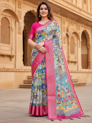 ZAMUNA Digital Print, Floral Print, Woven Banarasi Tussar Silk, Linen Saree(Pink, Blue)