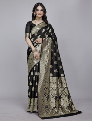 SOMVATI Self Design, Woven, Embellished Kanjivaram Art Silk, Jacquard Saree(Black)