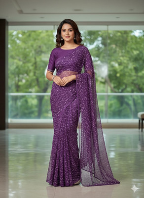 Anugrah Textile Solid/Plain Banarasi Lycra Blend, Chiffon Saree(Purple)