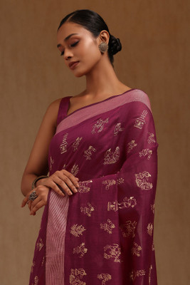 soch Printed Saree with Attached Blouse Chanderi Saree(Red)