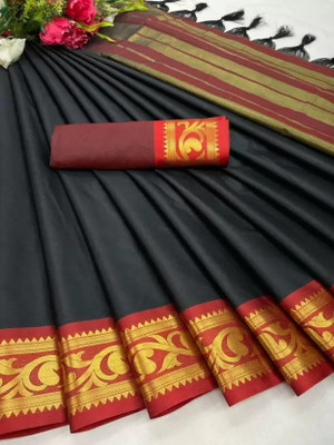 AVANTIKA FASHION Printed, Temple Border, Woven, Embellished, Solid/Plain Banarasi Art Silk, Cotton Silk Saree(Black, Red)