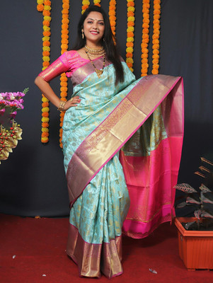 NIYAMI Printed, Self Design, Woven, Floral Print Banarasi Jacquard, Cotton Silk Saree(Pink)