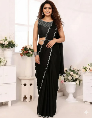 Kalamkaris Solid/Plain, Embellished, Self Design Bollywood Georgette Saree(Black)