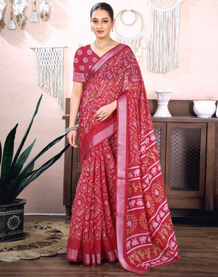 Samah Embellished, Printed Daily Wear Linen, Cotton Blend Saree(Pink)