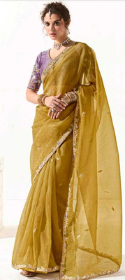 Urvashi Creation Sarees Embroidered Bollywood Organza Saree(Gold)