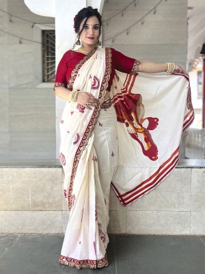 Ratnavati Printed Daily Wear Cotton Blend Saree(White)