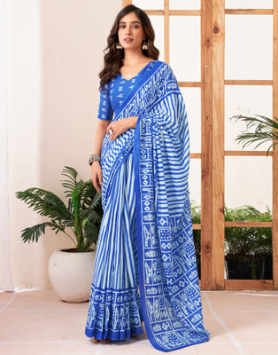 all about you Printed Handloom Pure Cotton Saree(Dark Blue, White)