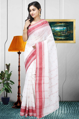 DipDiya Solid/Plain, Woven Tant Pure Cotton Saree(Red, White)