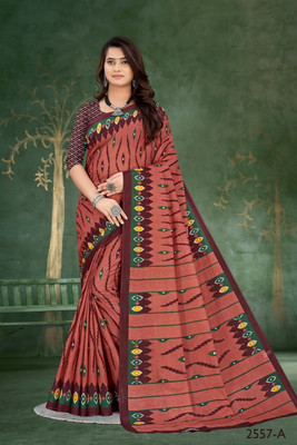 Yipsy Fashion Printed Bollywood Cotton Blend Saree(Brown)